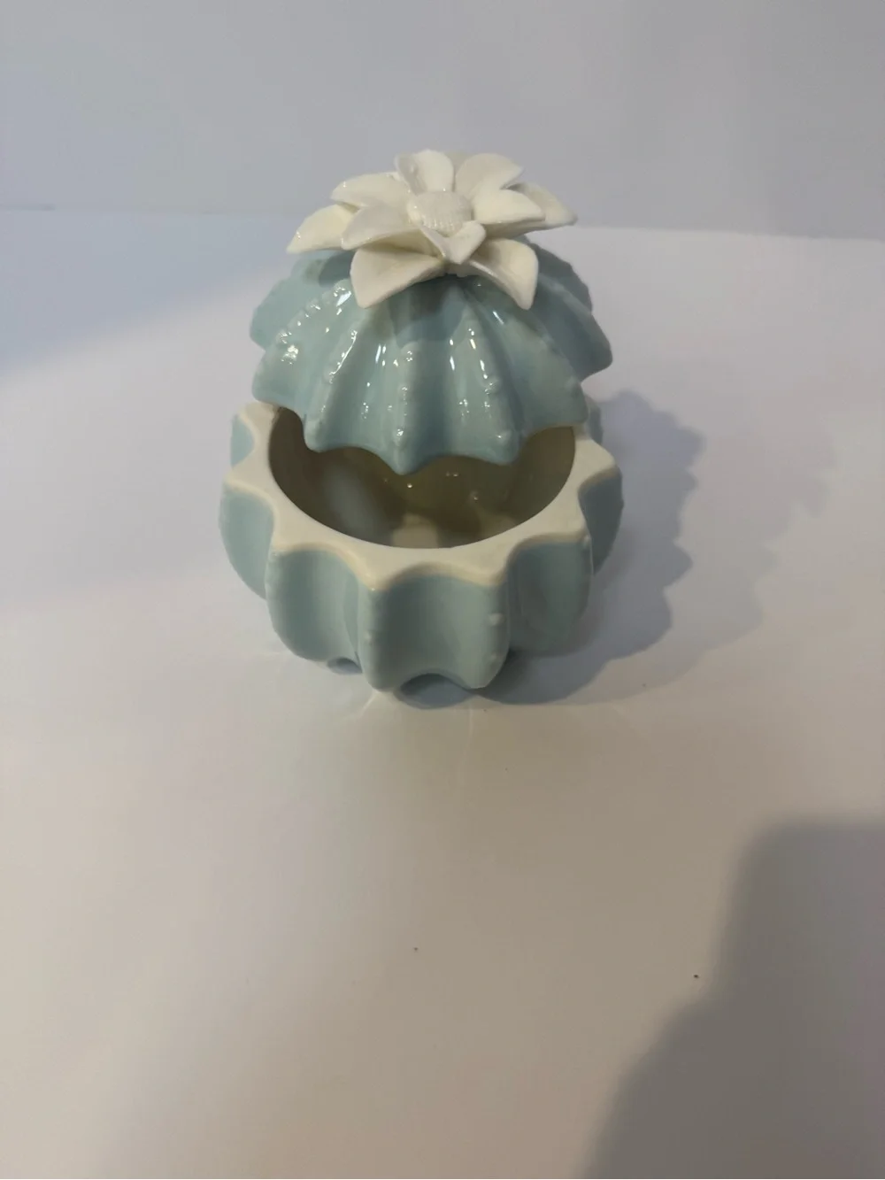 Glossy Pale Aqua Ceramic Trinket Box with White Flower Lid